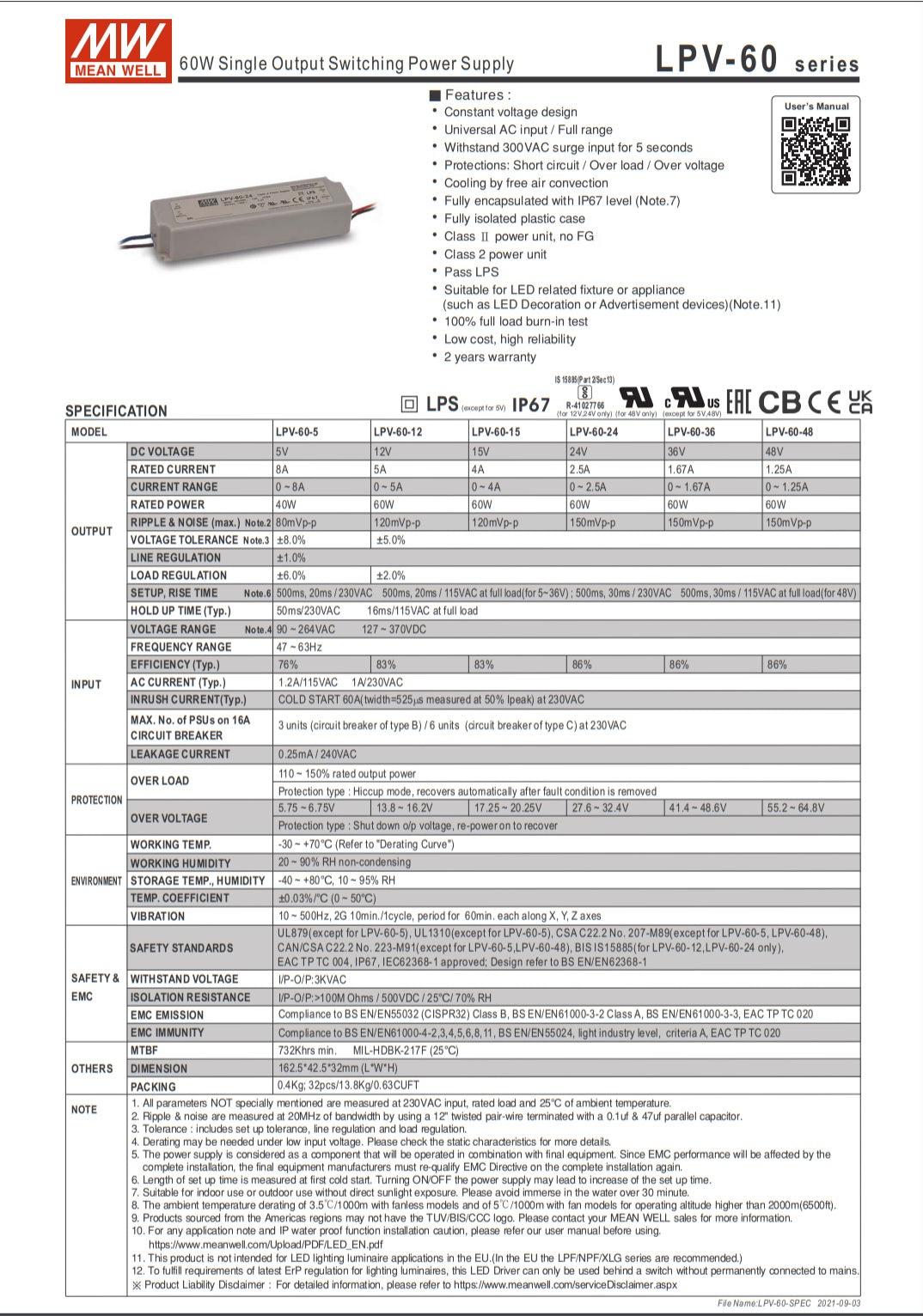 MeanWell LED Driver LPV-60-12